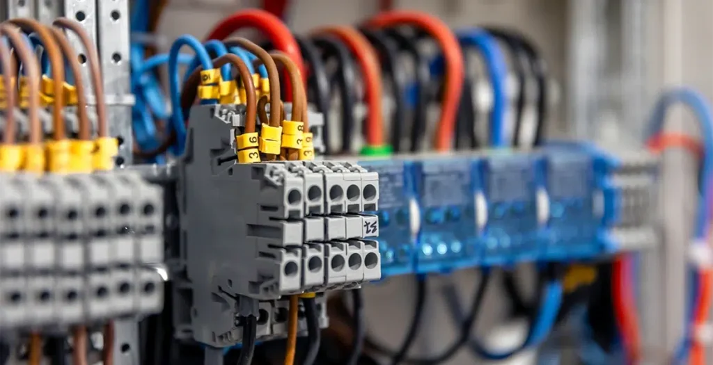 Electrical panel with exposed wiring and circuit breakers, showcasing expert electrical services in TX by 360 Inspired Electrical