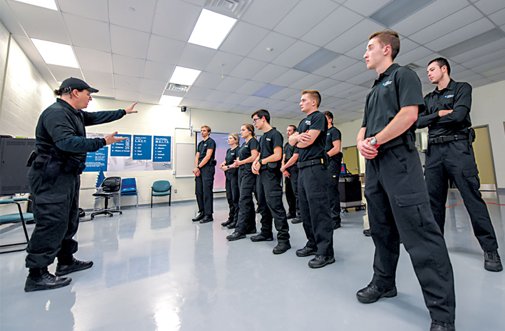 Standing guards in front of their manager, ready for duty and ensuring security at a business or event location.